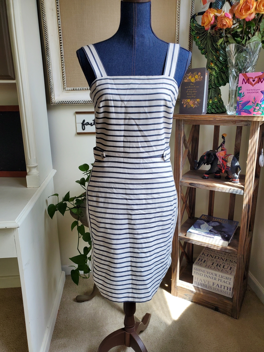 Banana Republic Navy and White Striped Midi Sheath Dress